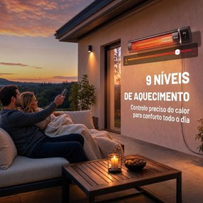 Aquecedor Infravermelho Elétrico de Terraço 3000 W Mural IP65 9 Níveis Temporizador 24 h Preto