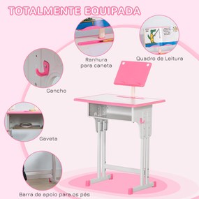 HOMCOM Conjunto de Secretária e Cadeira para Crianças de 6-12 Anos Secretária Infantil com Altura Ajustável 1 Gaveta 1 Suporte para Lápis e 1 Prateleira para Livros 60x45x90-120 cm Rosa