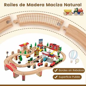 Conjunto de comboio para crianças de madeira maciça com 84 peças, mesa e carris para rapazes e raparigas com mais de 3 anos 97 x 62,5 x 39,5 cm Natura
