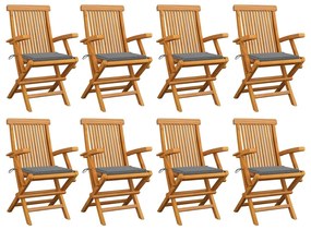 vidaXL Cadeiras de jardim c/ almofadões cinzentos 8 pcs teca maciça