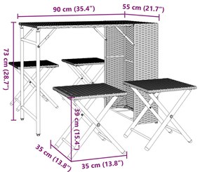 5 pcs conjunto de jantar para jardim dobrável vime PE castanho