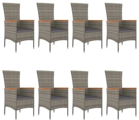 9 pcs conjunto de jantar p/ jardim c/ almofadões vime PE cinza