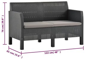 2 pcs conjunto lounge jardim com almofadões vime PP antracite