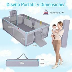 Parque infantil grande e seguro 207 x 145 x 68 cm com cesto de basquetebol e redes de futebol, argolas para lançar e bolas oceânicas, portas cinza cla