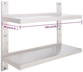 Prateleira de parede suspensa 2 níveis 100x30 cm aço inoxidável