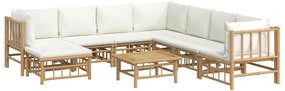 9 pcs conjunto lounge de jardim bambu c/ almofadões branco nata