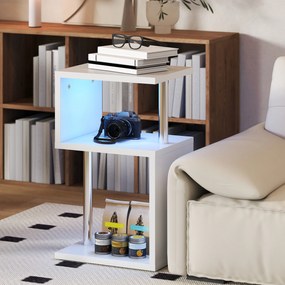 Mesa Auxiliar com Luz LED 3 Níveis Forma de S Prateleiras Abertas e Estrutura em Alumínio 44x38x75 cm Branco