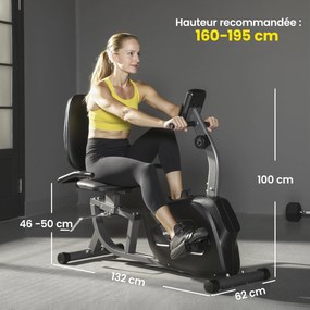 Bicicleta estática semi-reclinada com rodas, resistência magnética e assento ajustável, 132 x 62 x 100 cm, preta