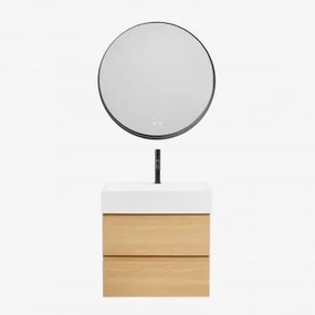 Conjunto De Móvel De Casa De Banho Em Madeira E Chapa De Freixo Com Lavatório Integrado Ona Madeira Natural & Redondo Led - Sklum
