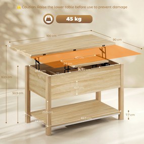 Mesa de centro elevável e extensível, com compartimento oculto e prateleira aberta, 100 x 45 x 50,5 cm, em cor madeira natural