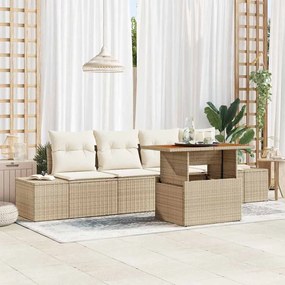 vidaXL Conjunto de Jantar para o Jardim com 5 Peças e Almofadas Beiges em Rattan Sintético e Acácia