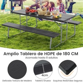 Mesa de piquenique dobrável de 183 cm para 8 pessoas com 2 bancos Estrutura metálica Furo para guarda-sol Preta