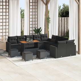 Conjunto de Sofá de Jardim vidaXL com Almofadas Preto Vime de Poliéste