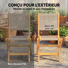 Conjunto de 2 cadeiras de jardim dobráveis para varanda em madeira de acácia com certificação FSC, com assento em corda trançada em tons naturais e be