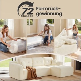Sofá modular com 244 cm de largura e uma grande chaise longue à direita, em branco creme