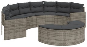 Sofá de jardim com almofadões semicircular vime PE cinzento