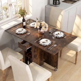 Mesa de jantar extensível 120 x 72 x 75 cm com 2 rodas; mesa de cozinha dobrável com prateleira, gaveta de 2 compartimentos e abas rebatíveis Castanha