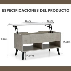 Mesa de centro com tampo elevável 80 x 40 x 46 cm, compartimento oculto e 2 prateleiras para sala de estar Cinzenta