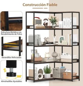 Estante de canto 110 x 89 x 180 cm com 5 níveis, 10 compartimentos abertos e protetor com pés para sala Castanha