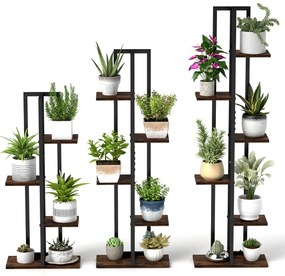 Conjunto de 3 Estantes altas de madeira e metal com 4+5+6 níveis para plantas e vasos Preto e Castanho