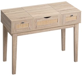 Toucador de Maquilhagem com Espelho Abatível 2 Gavetas de Vime Mesa de Maquilhagem para Dormitório Vestidor Estilo Moderno 100x46x78,5cm Carvalho