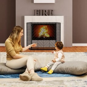Proteção dobrável da lareira de 3 painéis do ferro forjado com dobradiças flexíveis quadro resistente para a sala de visitas 133 x 78 x 2 cm Preto
