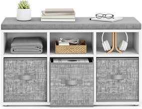 Banco arrumação 87 x 30,3 x 48 cm com 6 compartimentos e 3 caixas, banco para sapatos para a entrada, branco-cinza