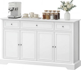 Aparador de sala 136 L x 38 P x 80 A cm, móvel de arrumação com 3 gavetas, 4 portas com fecho suave e prateleiras ajustáveis, branco