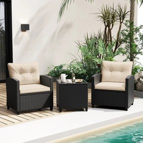 Conjunto de móveis de jardim de 3 peças de rattan com almofadas de assento e encosto e Mesa de centro de vidro temperado preto / creme