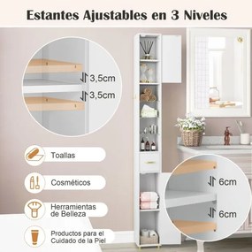 Armário de casa de banho alto de 181 cm estreito com 2 portas e prateleiras ajustáveis Faixa de luzes de 3 cores Branco