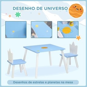 Conjunto de Mesa e 2 Cadeiras Infantil Mesa Infantil Móveis de Madeira Crianças para Sala de Estar Brinquedoteca Dormitório 68x68x47cm e 30x30x51,5cm Azul