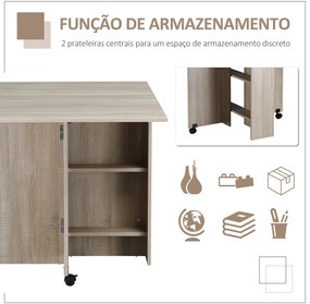 HOMCOM Mesa de Sala de Jantar Dobrável Mesa de Madeira com 2 Prateleiras de Armazenamento e Rodas para Cozinha 80x140x74 cm Madeira