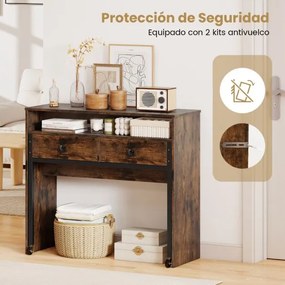 Secretária extensível, mesa pequena para computador com 2 gavetas e rodas100 x 63 x 88 cm Castanho