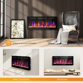 Lareira Elétrica Ultrafina de Parede e Embutir com Chama 3D Brilho/Velocidade Ajustável 12 Cores Pedras 900/1800W 106,7x9,4x47 cm Preto