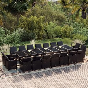 vidaXL 19 pcs conjunto jantar p/ jardim c/ almofadões vime PE preto