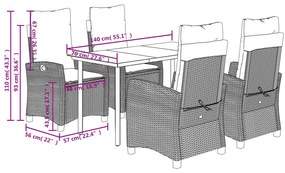 5 pcs conjunto jantar p/ jardim c/ almofadões vime PE castanho
