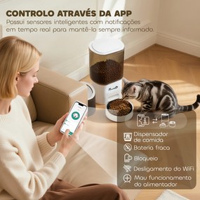 Conjunto de Comedouro Automático e Bebedouro Silencioso para Cães e Gatos com Controlo por App (1-10 Refeições por Dia) Branco