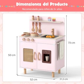 Cozinha infantil de madeira 52 x 31,5 x 73 cm com máquina de gelo realista e armazenamento para crianças com mais de 3 anos Rosa