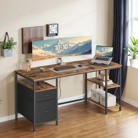 Secretária com 3 prateleiras e 2 gavetas 60 x 160 x 76 cm, castanho vintage-preto