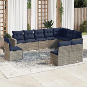 vidaXL 10 pcs conjunto sofás p/ jardim c/ almofadões vime PE cinzento