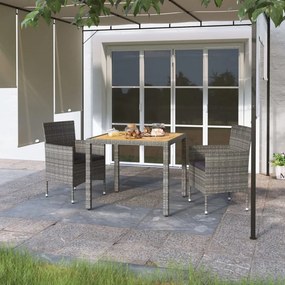 vidaXL 3 pcs conjunto jantar jardim vime PE e acácia maciça cinzento
