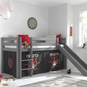 Conjunto Cama alta de Criança PINO 90 x 200 cm + estrado + escada + escorrega + cortina Piratas Cinzenta