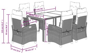 7 pcs conjunto de jantar p/ jardim c/ almofadões vime PE cinza
