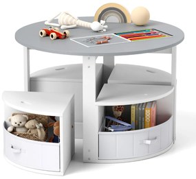 Conjunto de mesa redonda e 4 bancos  para crianças com 4 caixas de actividades em tecido Cinzento + Branco