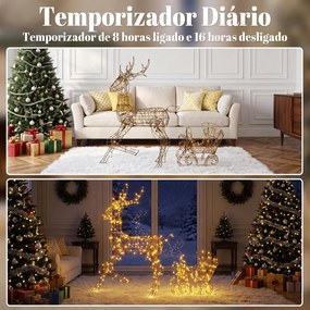 Rena e Trenó Luminosos em Rattan PP com 175 LED Branco Quente, 8 Modos e Temporizador, 120 cm, para Jardim Exterior