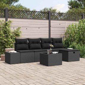 vidaXL Conjunto de Sofá de Jardim de 6 Peças com Almofadas Pretas de Rattan Poli
