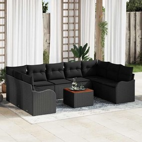 Conjunto de Sofá Jardim de 10 Peças com Almofadas Rattan Polido Preto Acácia