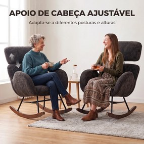 Cadeira de Baloiço Estofada com Apoio de Cabeça Ajustável, Veludo Texturado, Base em Madeira de Seringueira, Cinzento-Escuro