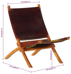 Cadeira de descanso dobrável couro genuíno castanho-escuro