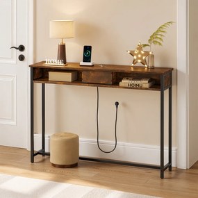 Mesa consola estreita 25 x 120 x 81 cm com tomadas com 2 compartimentos castanho vintage-preto